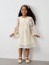 Maija Young Girl's Elegant Holiday Style Crochet Lace Patchwork Embroidered Mesh Ruffle Hem Solid Apricot Lantern Sleeve Casual Dress, Spring/Summer